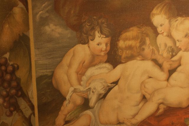 Gobelinartiges Wandbild nach Rubens: Putten mit Früchten und Weinlaub, Dresden, um 1920