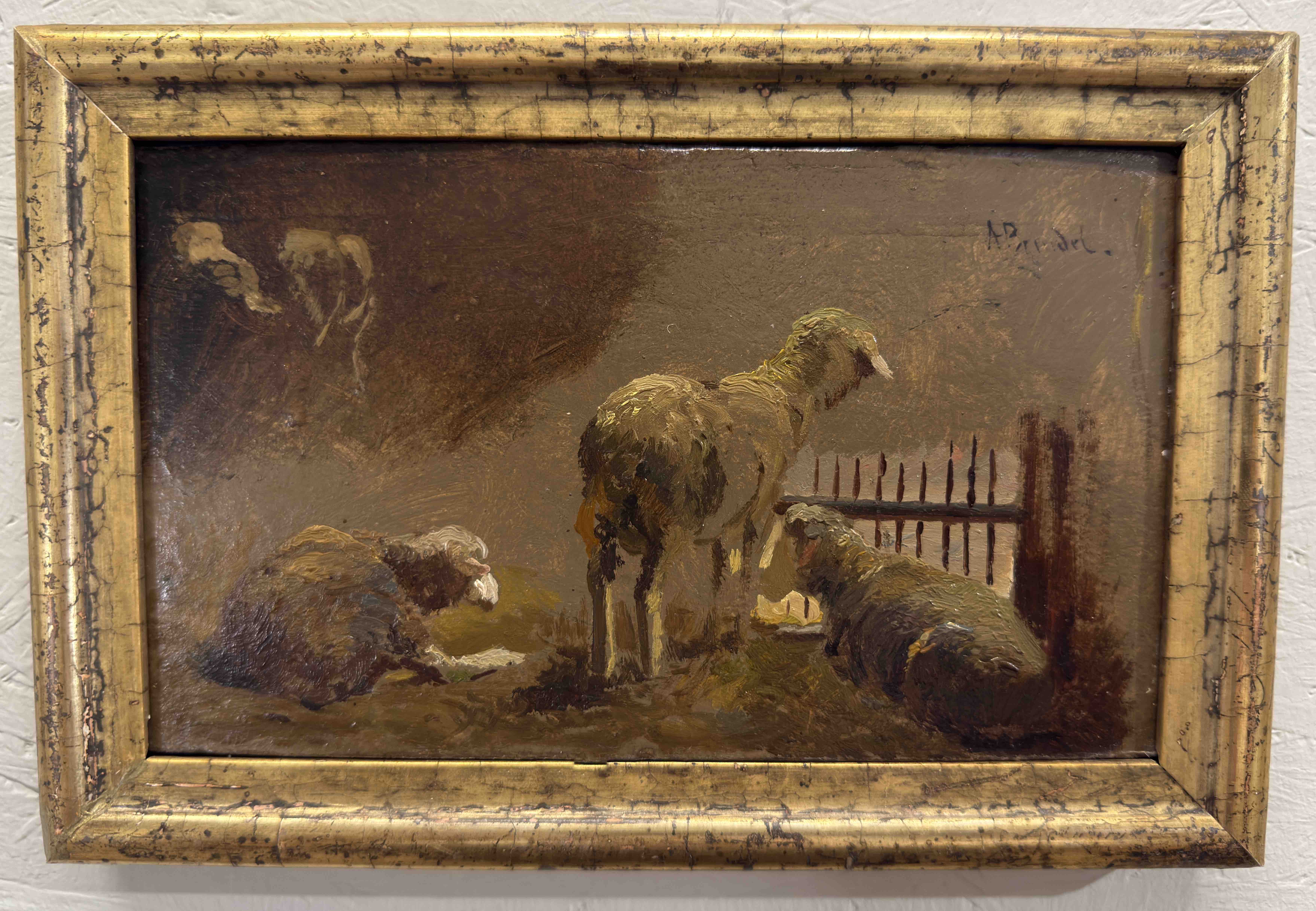 Albert Heinrich Brendel (1827 Berling – 1895 Weimar)-Schafe im Stall-Ölgemälde