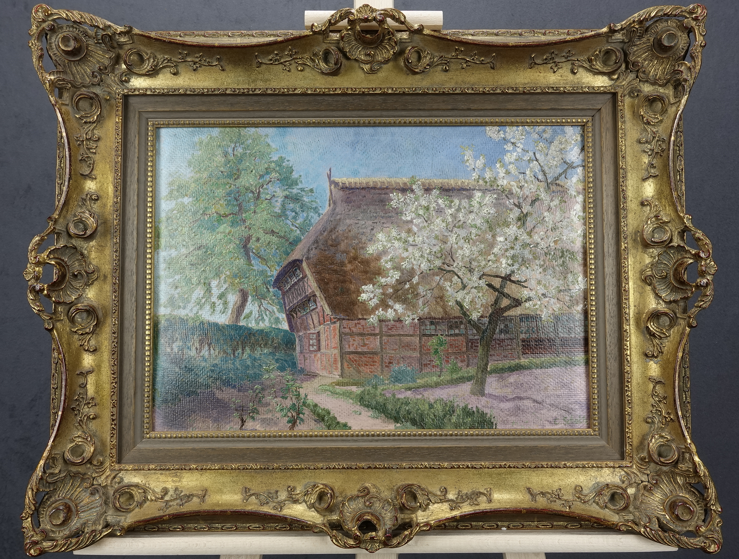 C. Schultz: Ölgemälde Reetscheune im Frühling, signiert, um 1900