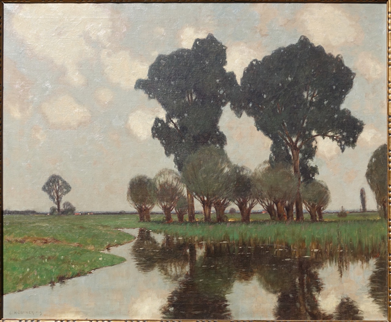 Carl Küstner: Ölgemälde Flusslandschaft mit Baumgruppe, signiert, zweite Hälfte 19. Jahrhundert