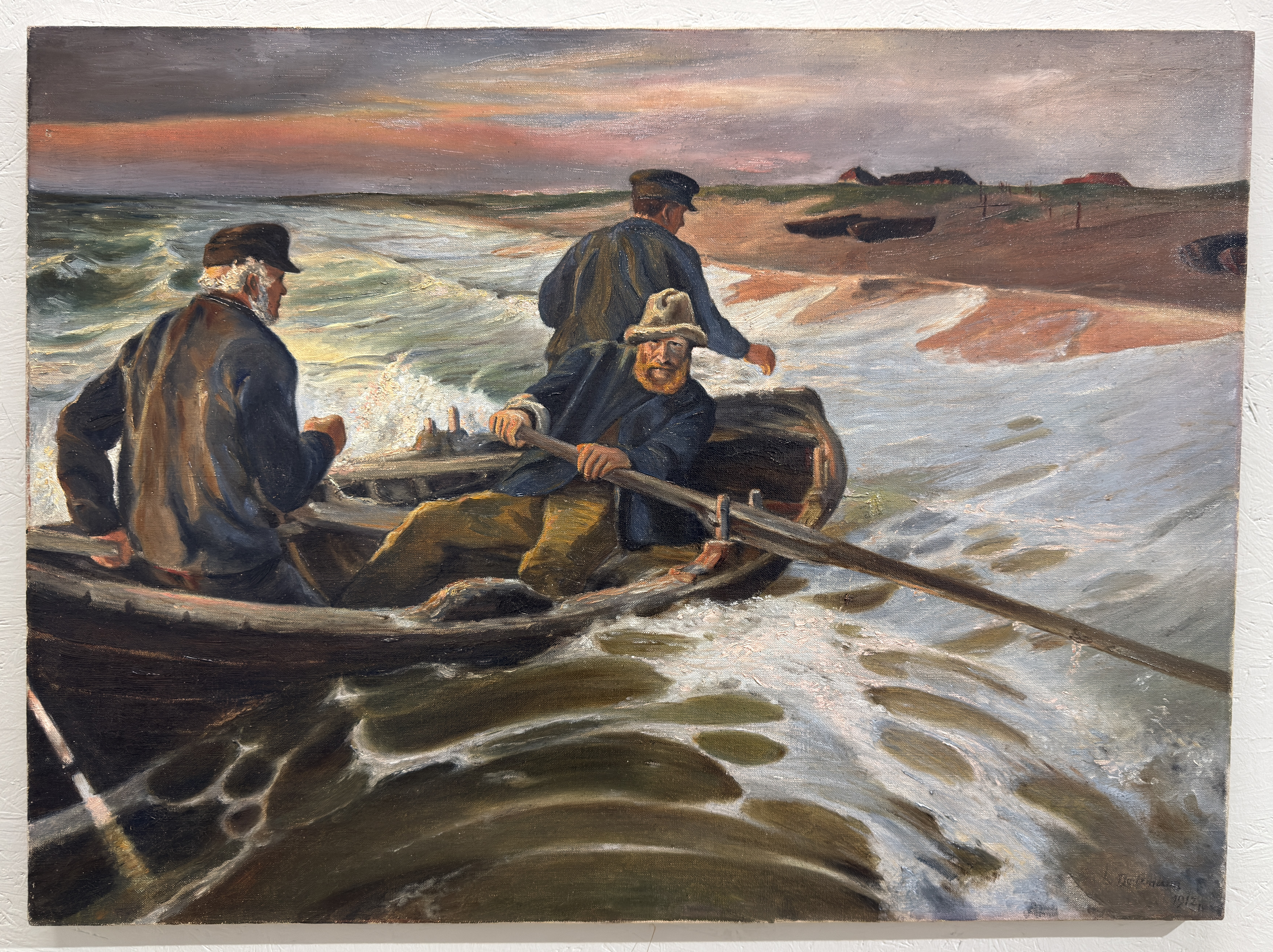 Ölgemälde von Ludwig Dettmann (1865–1944), datiert 1912-Schwere Landung (Fischer in der Brandung / Heimkehr der Fischer)-