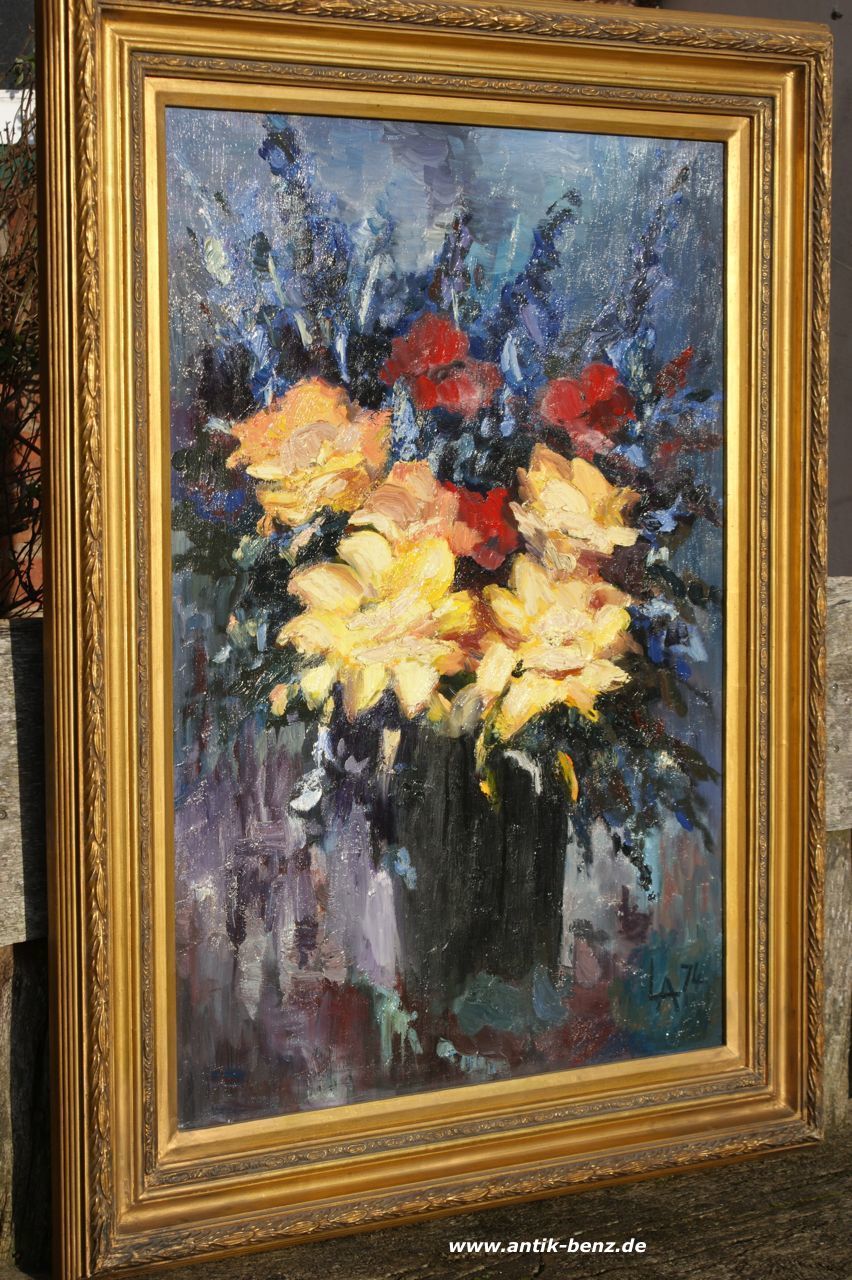 Ölgemälde Blumenstillleben mit gelben und roten Rosen, monogrammiert „LA", 1974