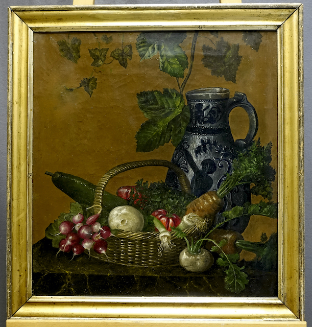 Ölgemälde Stillleben mit Gemüsekorb und Krug, signiert, Biedermeier