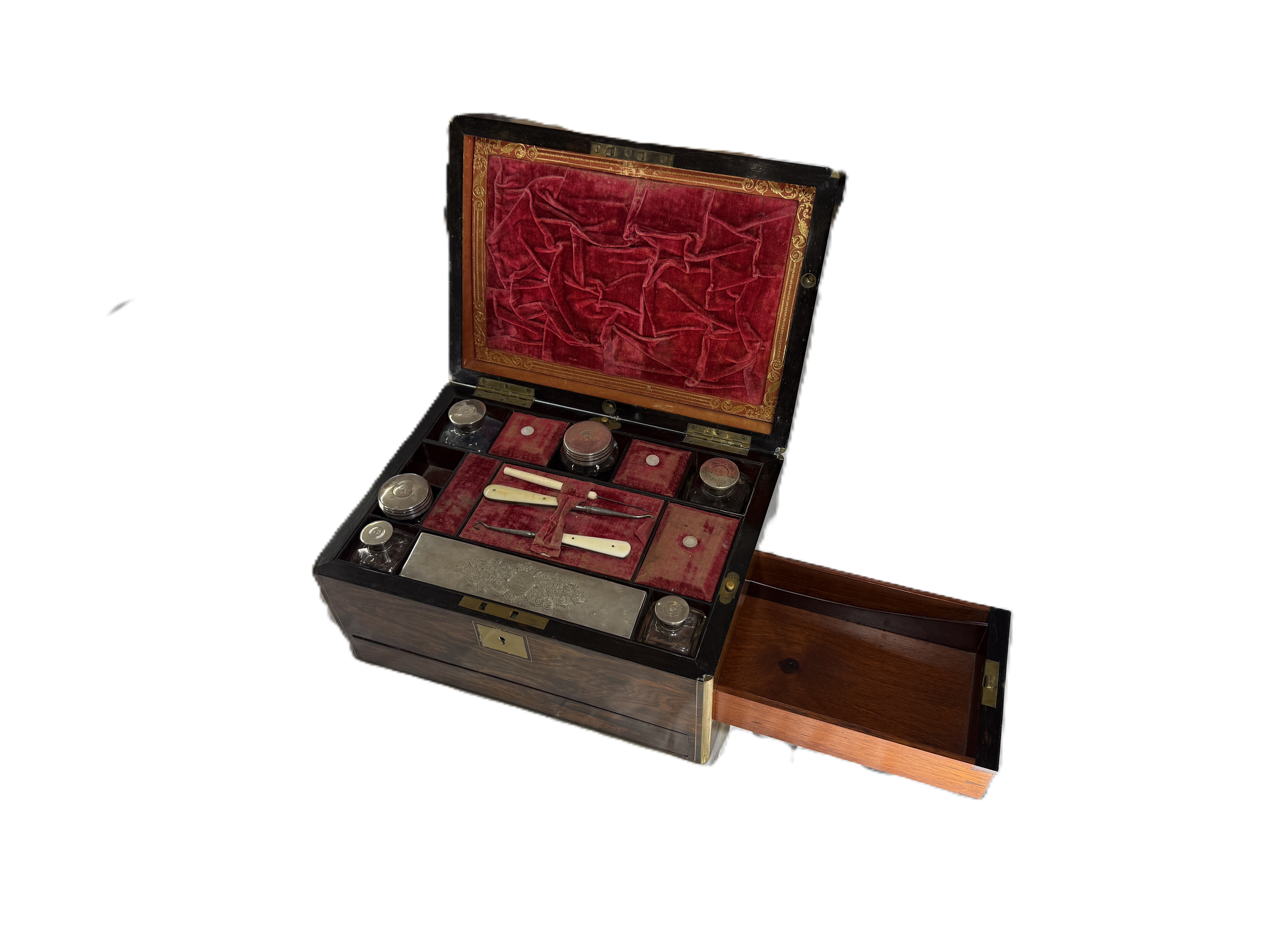 Viktorianisches Reise-Nécessaire Alfred Rawlings, Mahagoni mit Silber- und Glasgarnitur, London 1841