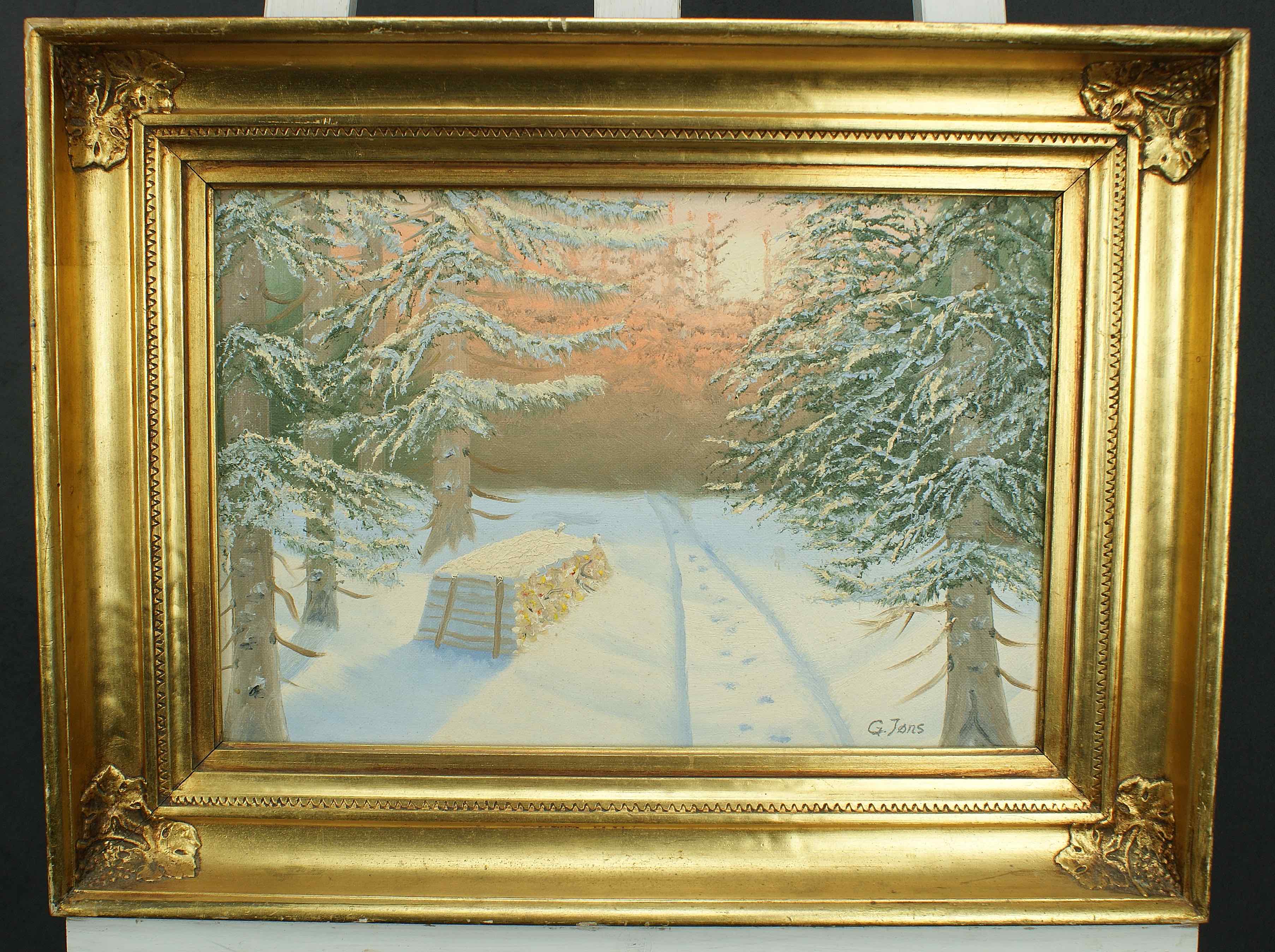 G. Jøns: Ölgemälde Waldweg im Schnee, signiert, um 1920
