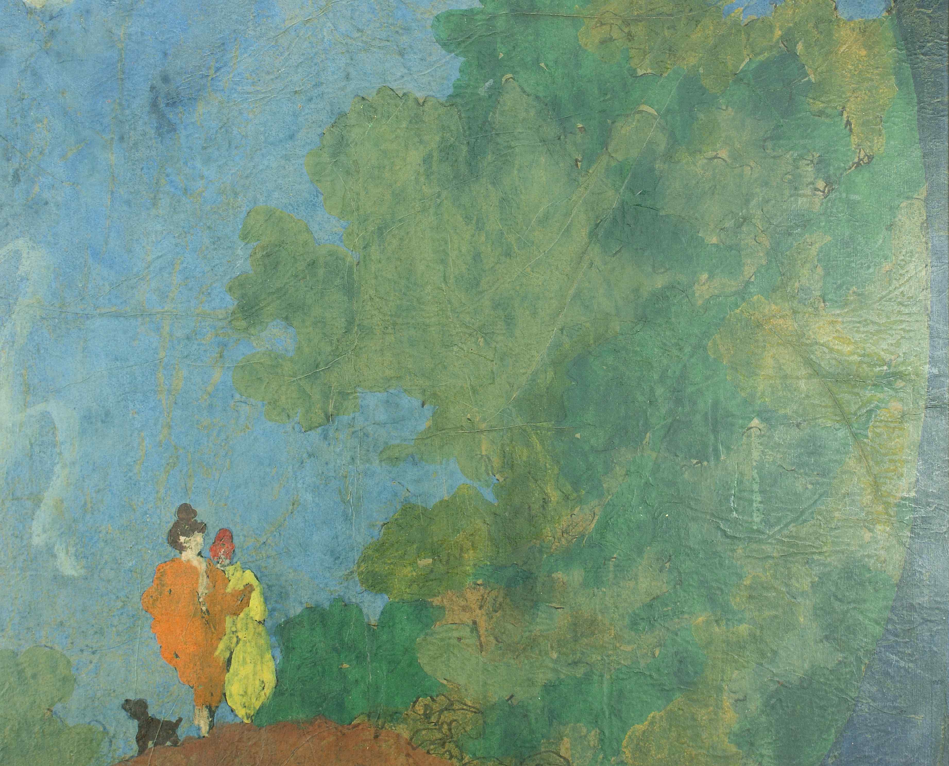 Clifford Wright: Gemälde Figurenpaar in ovaler Landschaft, Mischtechnik, 20. Jahrhundert