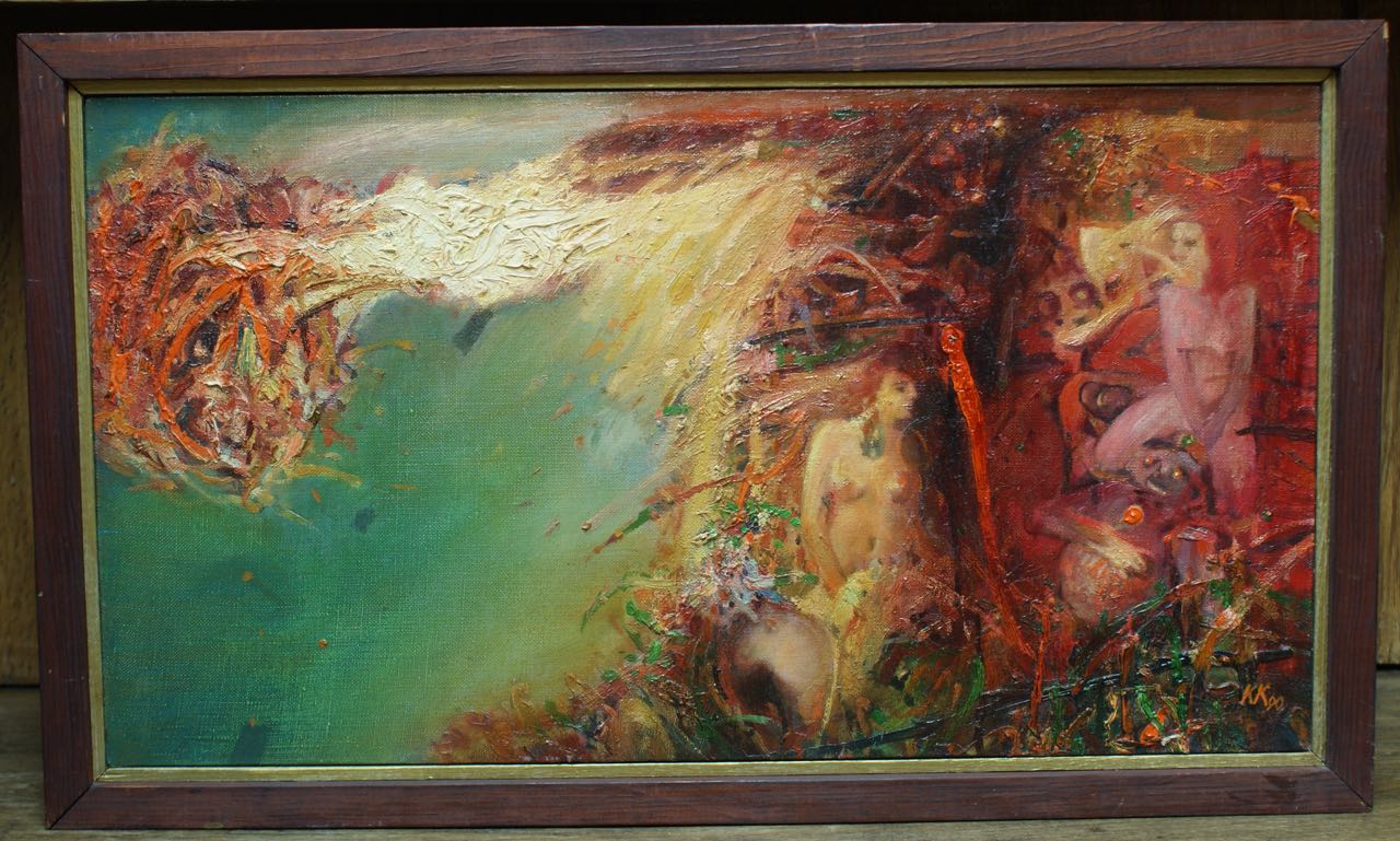 Krzysztof Krzywiński: Ölgemälde Wyspa Karmazynowego Króla, signiert datiert, 1990