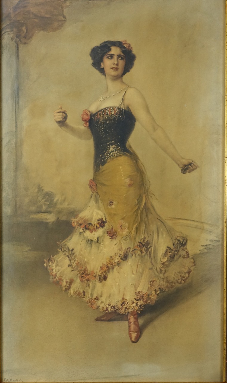 Friedrich August von Kaulbach: Druckgrafik Kastagnetten-Tänzerin, bezeichnet, um 1914