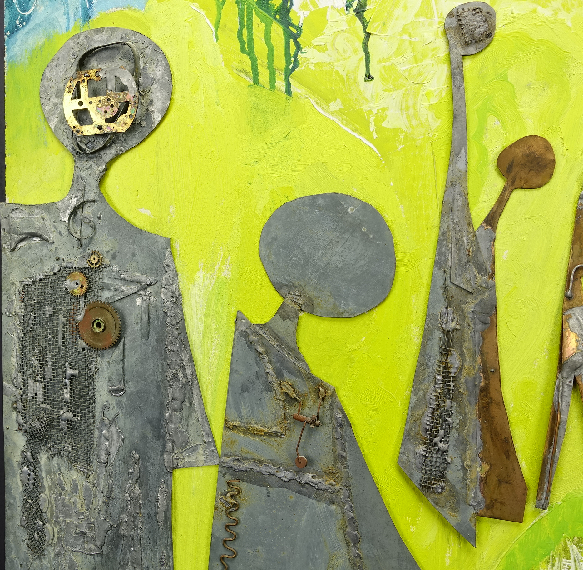 Sven Eilo: Mischtechnik Abstrakte Komposition mit Metallapplikationen, signiert, Abstrakt, 1973