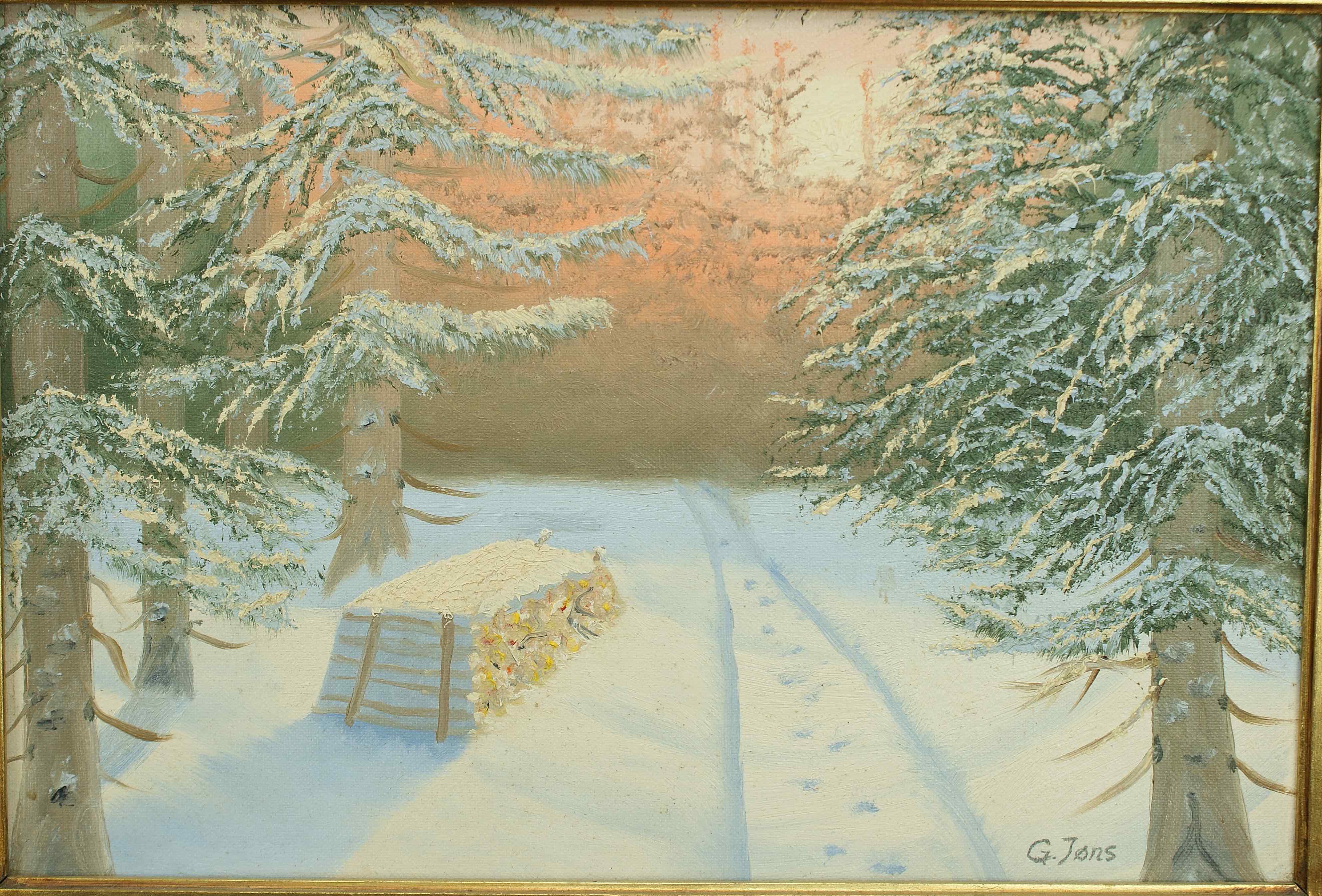 G. Jøns: Ölgemälde Waldweg im Schnee, signiert, um 1920
