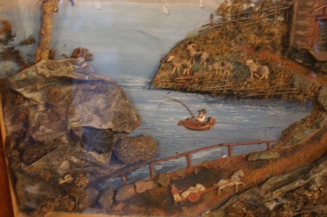 Biedermeier-Collage mit Fjordlandschaft, Papier und Naturmaterialien, Norddeutschland, um 1840