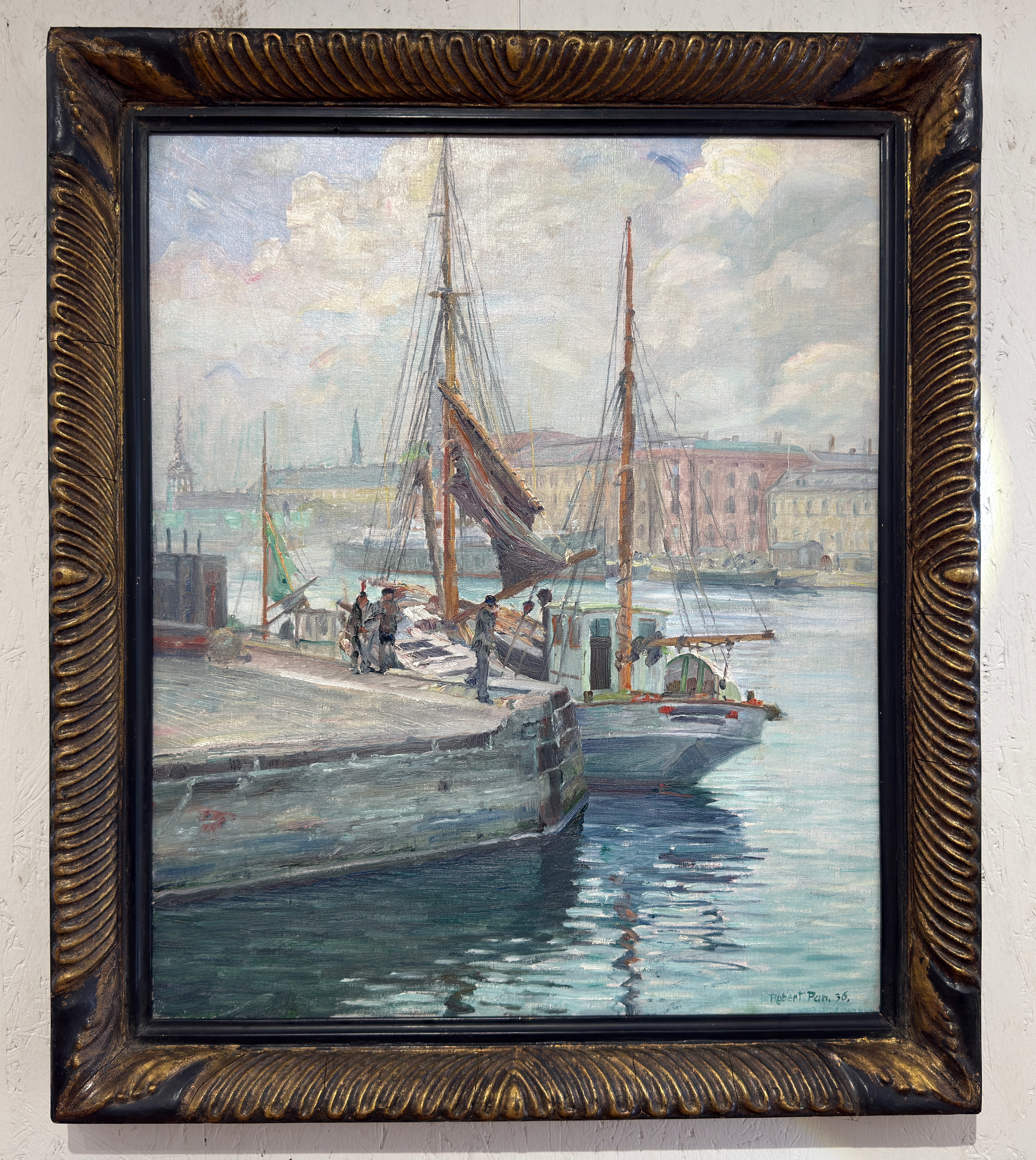 Robert Panitzsch ( 1879–1949)-Boote an einem Kai im Kopenhagener Hafen-Ölgemälde