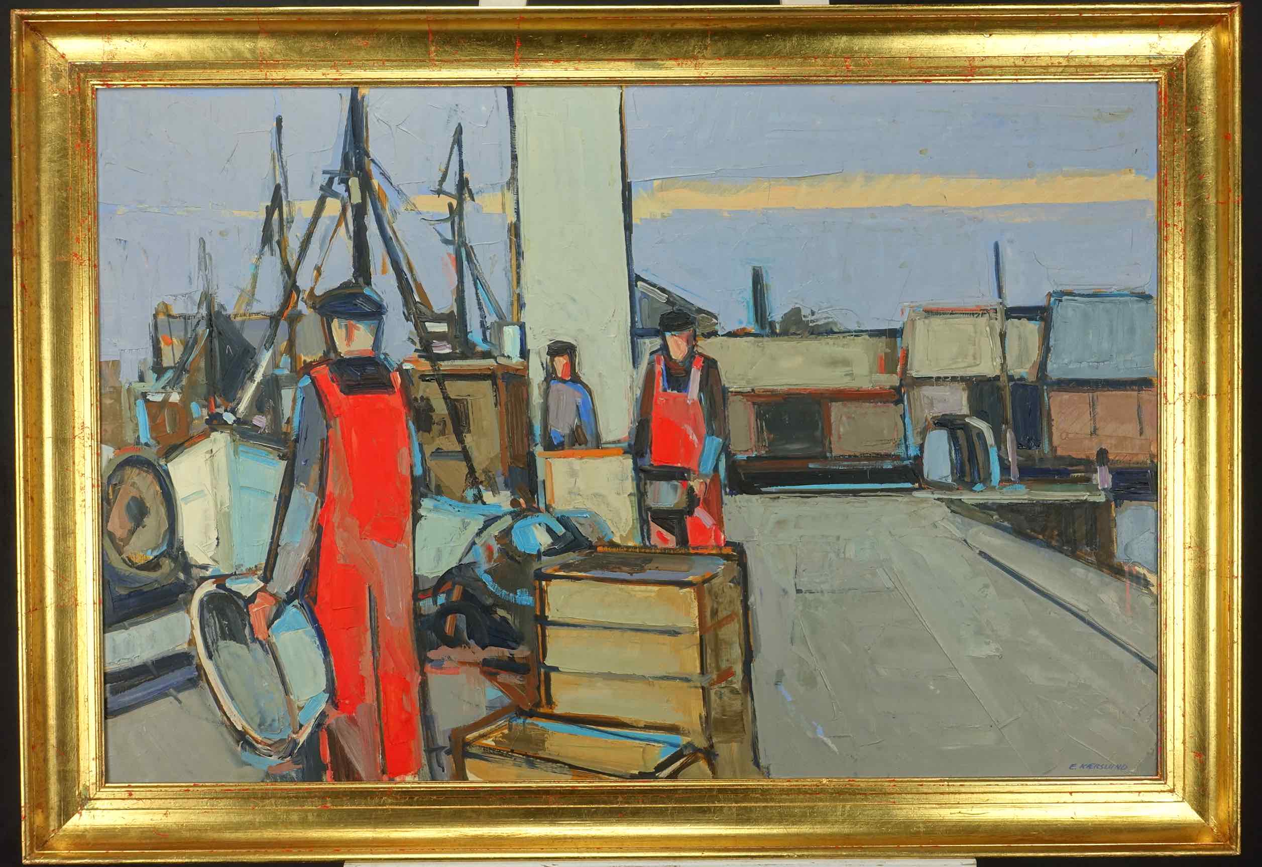 Erik Kærslund: Ölgemälde Kerteminde Havn, Öl und Spachtel, signiert, 1981