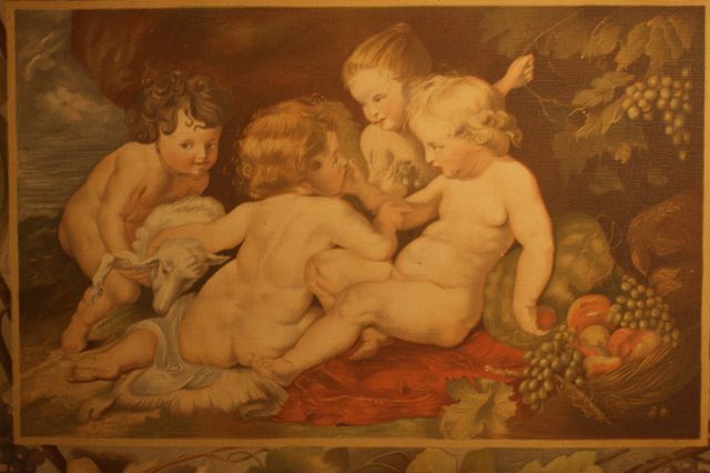 Gobelinartiges Wandbild nach Rubens: Putten mit Früchten und Weinlaub, Dresden, um 1920