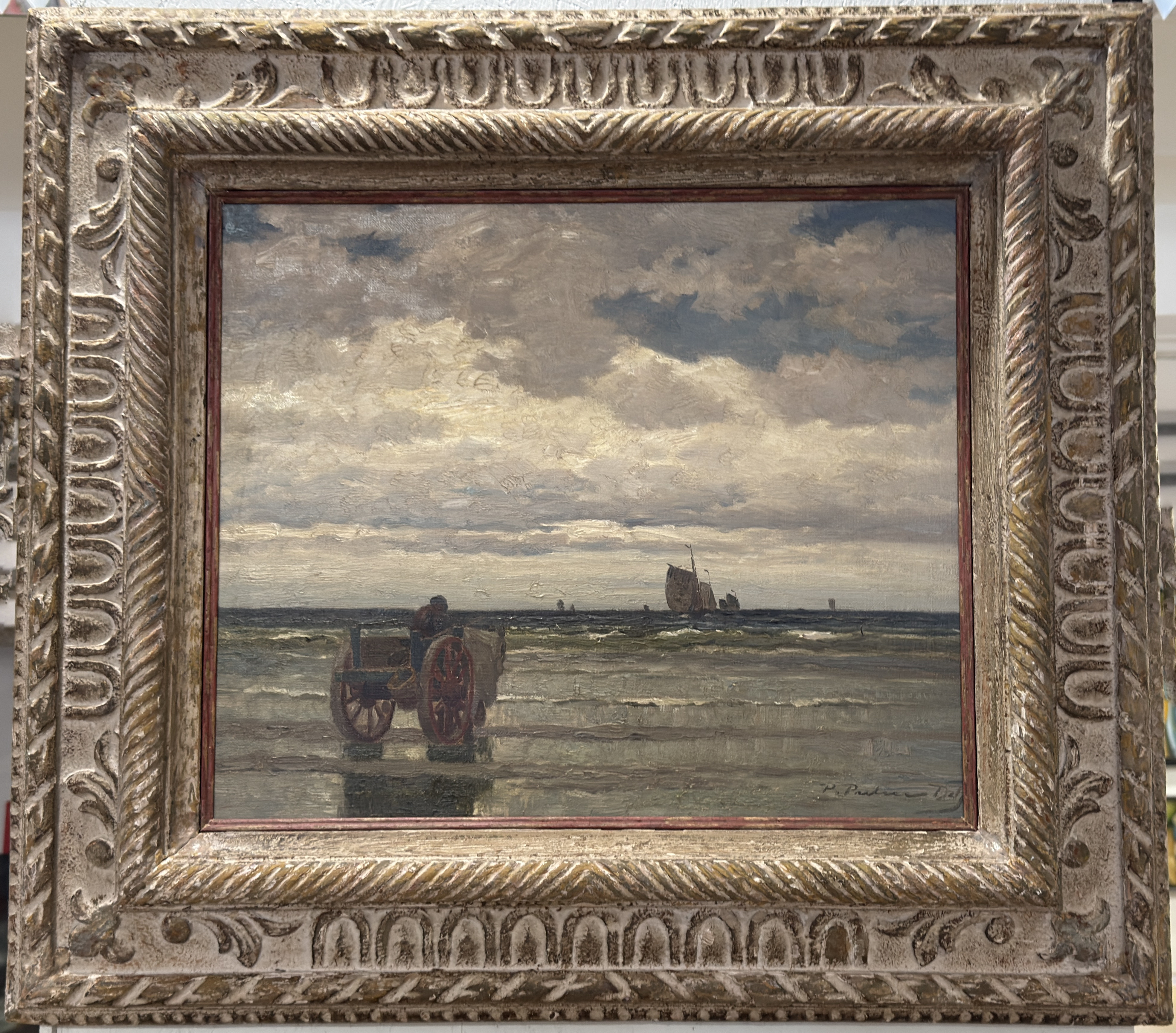 Peter Pulm (1882 – 1960)-(„P. Pulm Ddf.“)-Crevetten/Krabbenwagen an der Nordsee-Ölgemälde