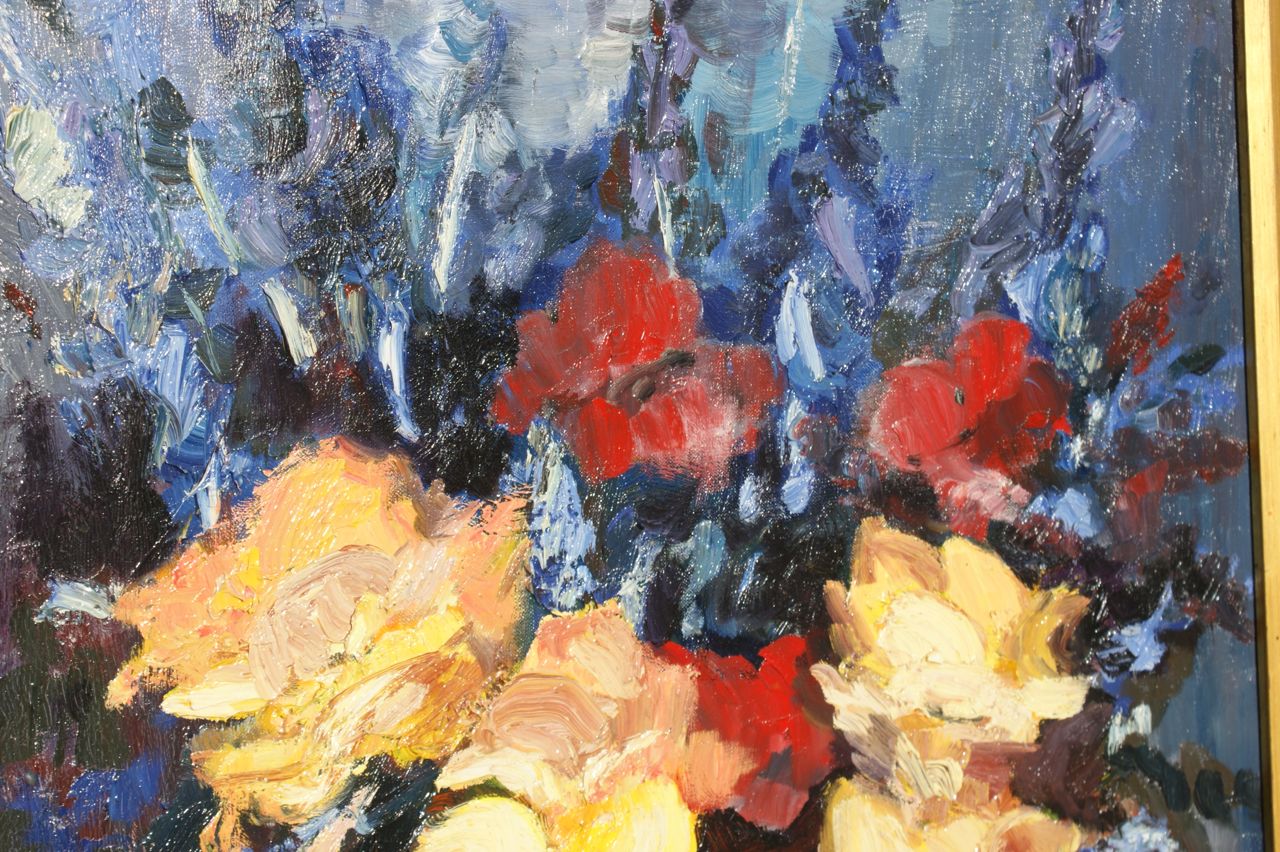 Ölgemälde Blumenstillleben mit gelben und roten Rosen, monogrammiert „LA", 1974