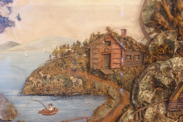 Biedermeier-Collage mit Fjordlandschaft, Papier und Naturmaterialien, Norddeutschland, um 1840
