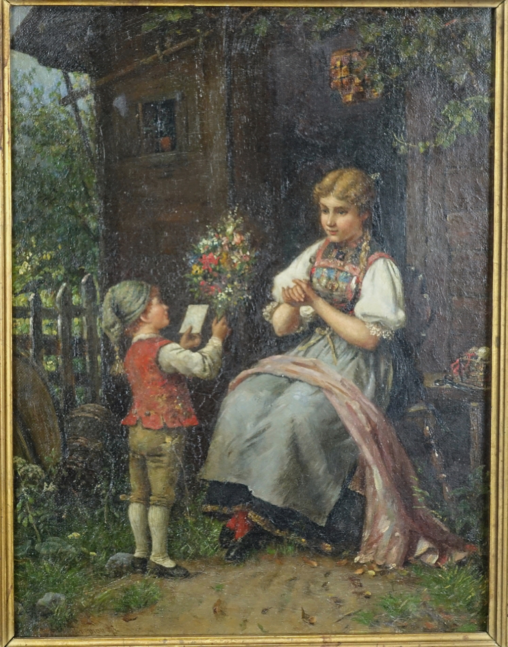 Julius Simonds: Ölgemälde Der Blumenbote, Düsseldorfer Schule, Zweite Hälfte 19. Jahrhundert
