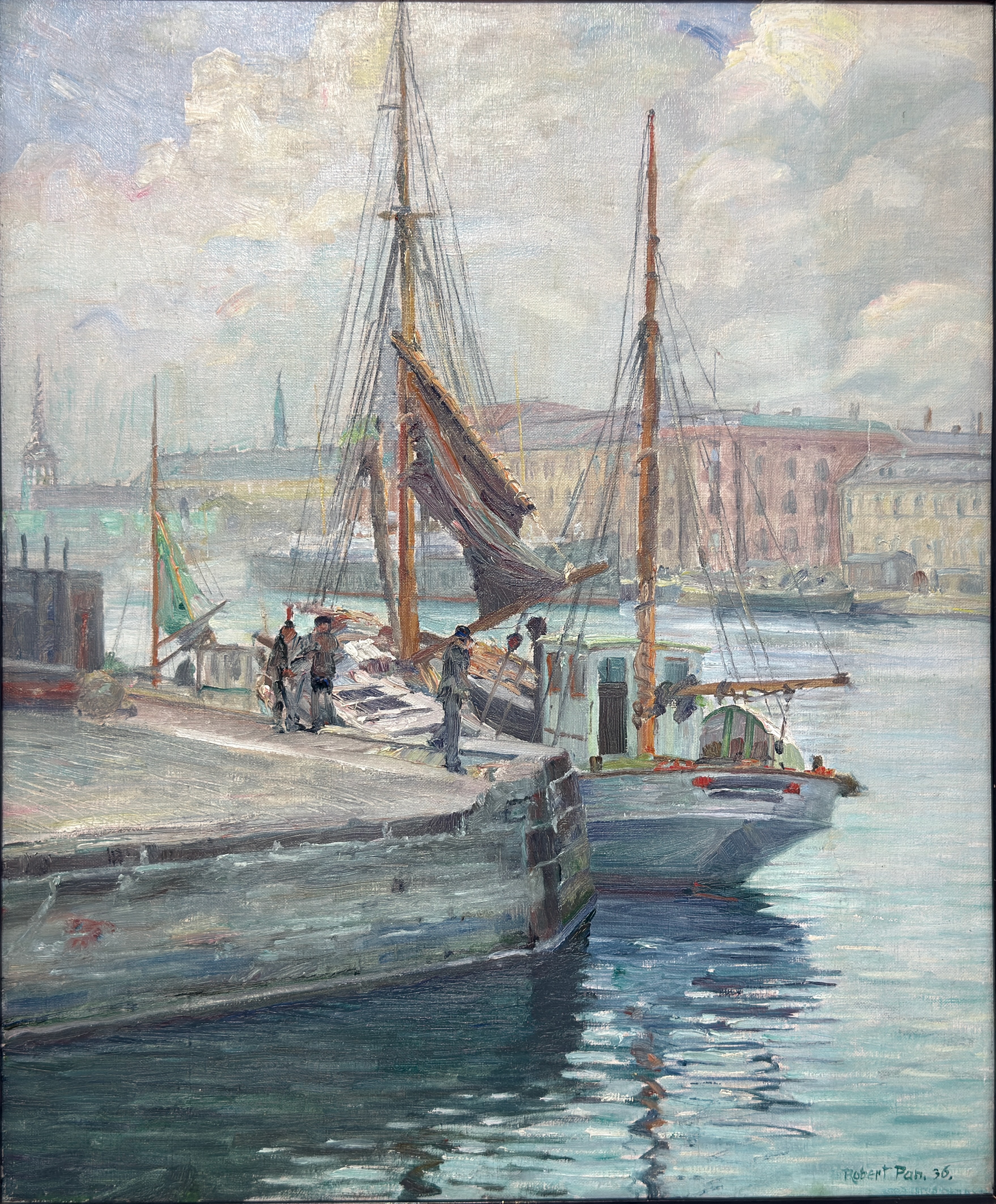 Robert Panitzsch ( 1879–1949)-Boote an einem Kai im Kopenhagener Hafen-Ölgemälde
