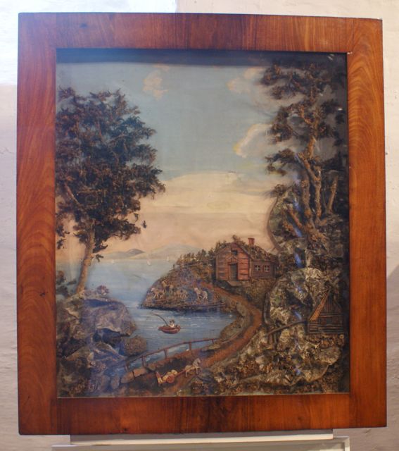 Biedermeier-Collage mit Fjordlandschaft, Papier und Naturmaterialien, Norddeutschland, um 1840