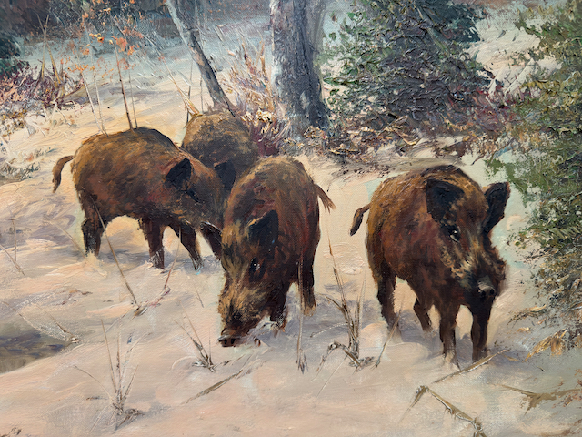 Lothar Klein: Ölgemälde Wildschweine am winterlichen Bachlauf, signiert, Impressionismus, 20. Jahrhundert