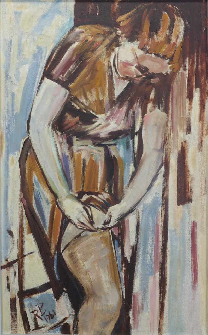 Rudolf Behrend: Ölgemälde Frau beim Ankleiden, signiert datiert 1961