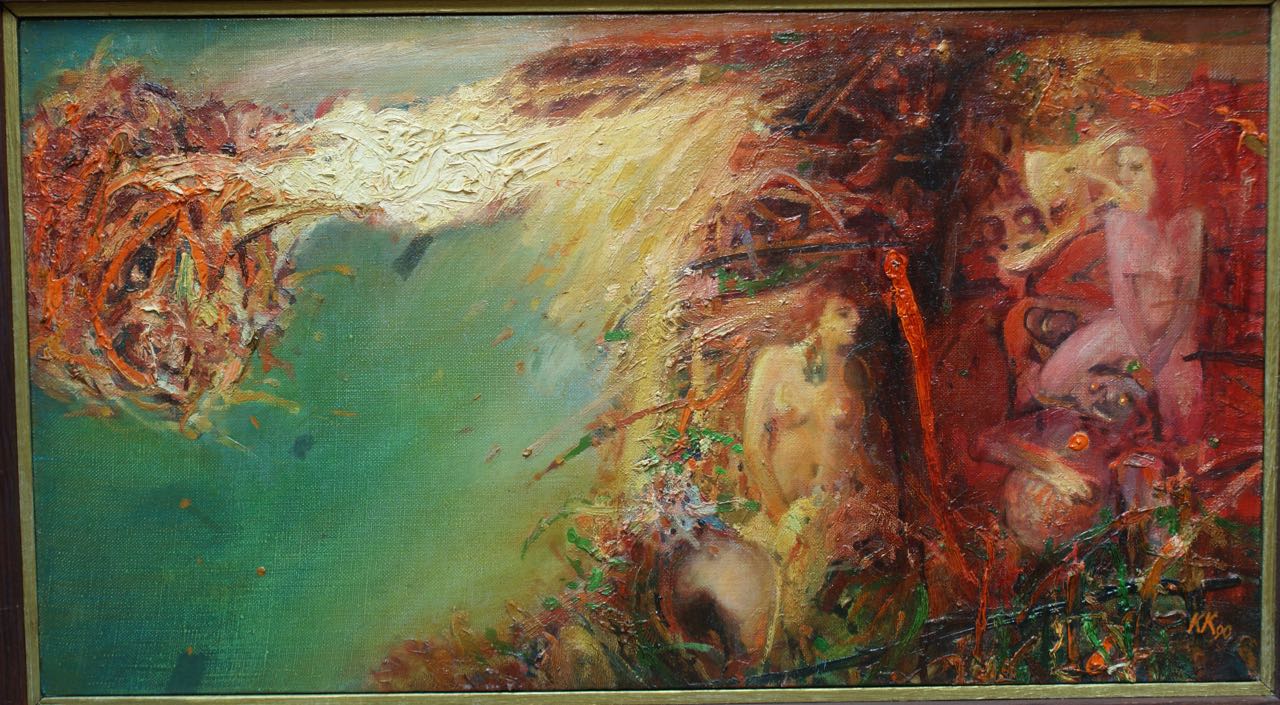Krzysztof Krzywiński: Ölgemälde Wyspa Karmazynowego Króla, signiert datiert, 1990