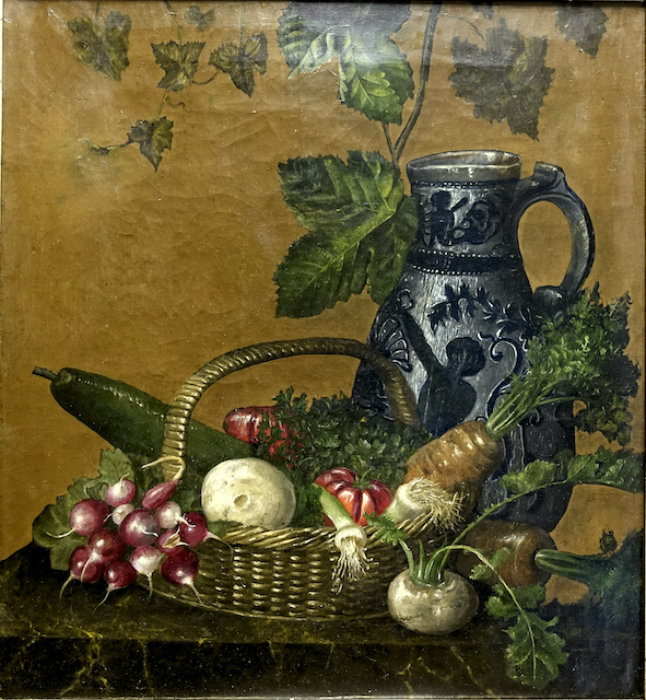 Ölgemälde Stillleben mit Gemüsekorb und Krug, signiert, Biedermeier