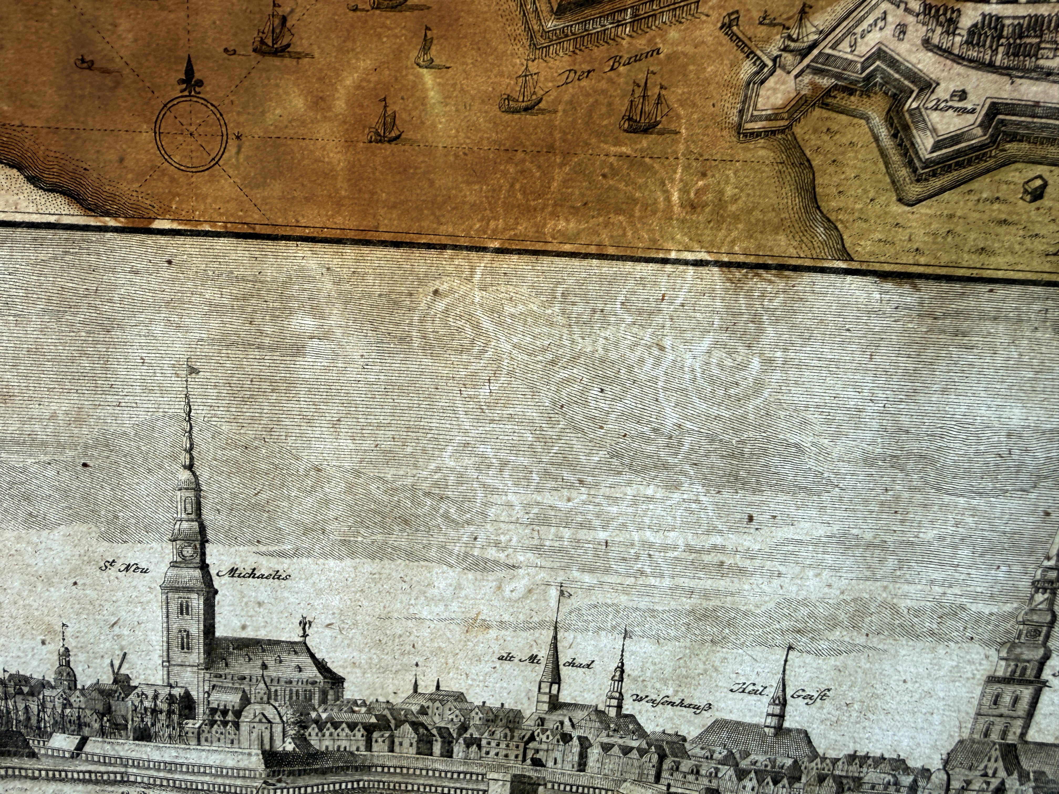 Kupferstich Freie und Hansestadt Hamburg Homännische Erben (Nürnberg) · Stadtplan mit Elb-Prospekt (ca. 1730–1737)