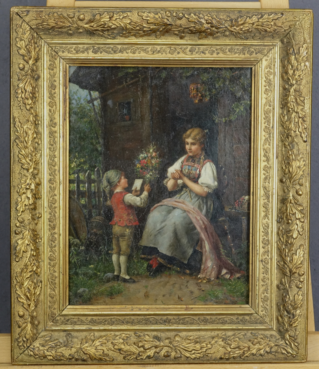 Julius Simonds: Ölgemälde Der Blumenbote, Düsseldorfer Schule, Zweite Hälfte 19. Jahrhundert
