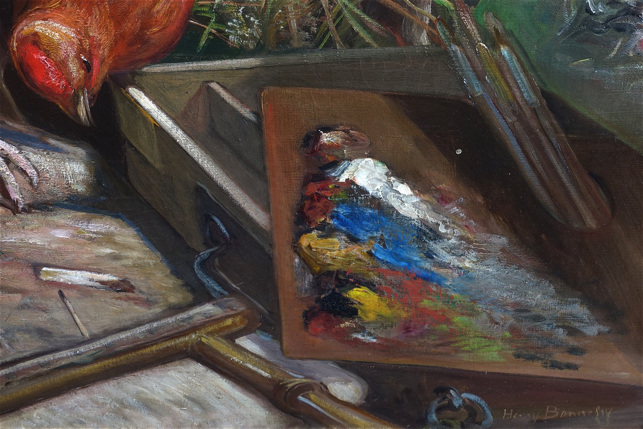 Henri-Arthur Bonnefoy: Ölgemälde Hahn mit Malerpalette, signiert, Zweite Hälfte 19. Jahrhundert