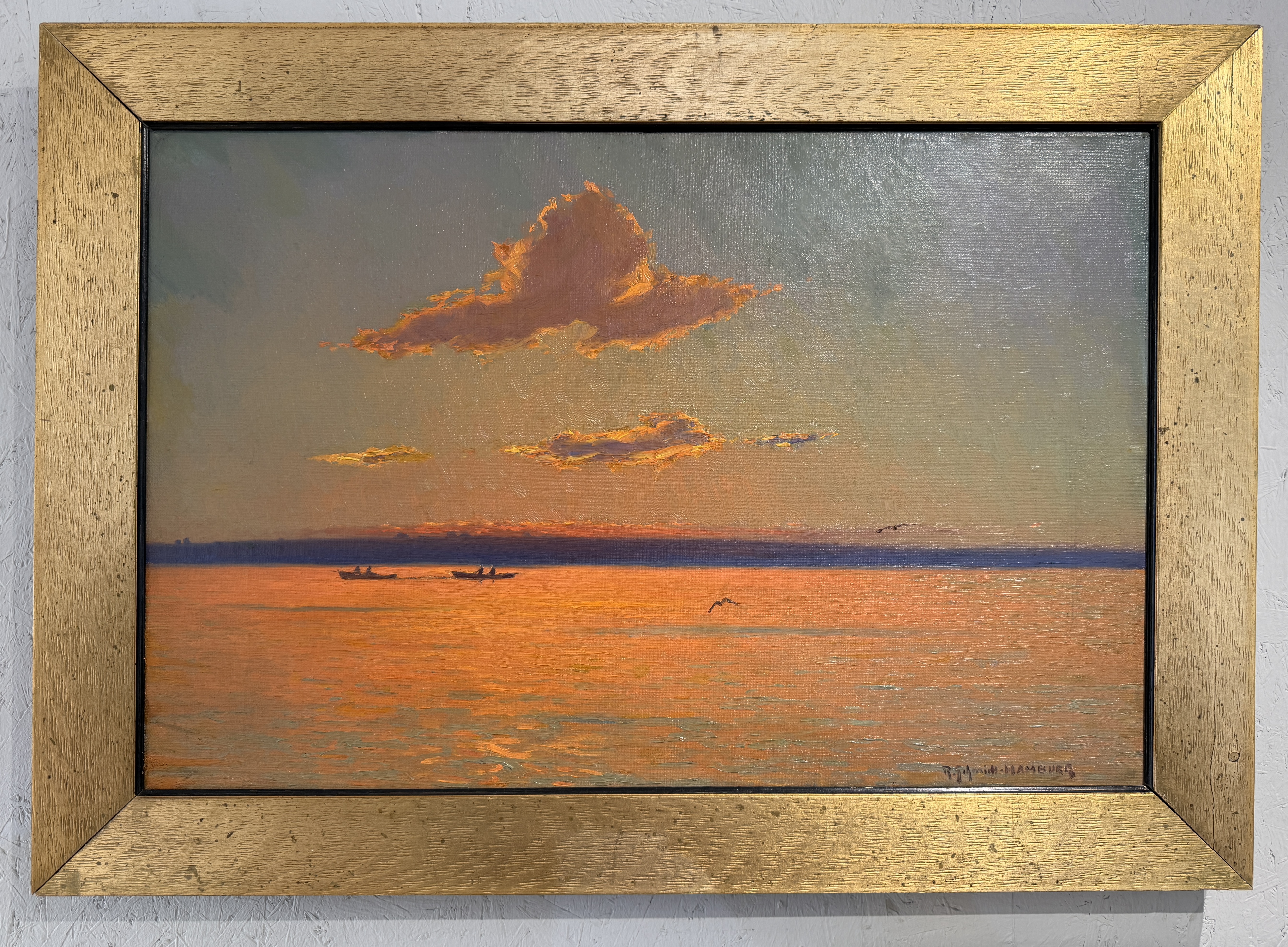 ROBERT SCHMIDT-HAMBURG(1885-1963)-ABENDSTIMMUNG ÜBER DEM MEER MIT FISCHERBOOTEN-ÖLGEMÄLDE