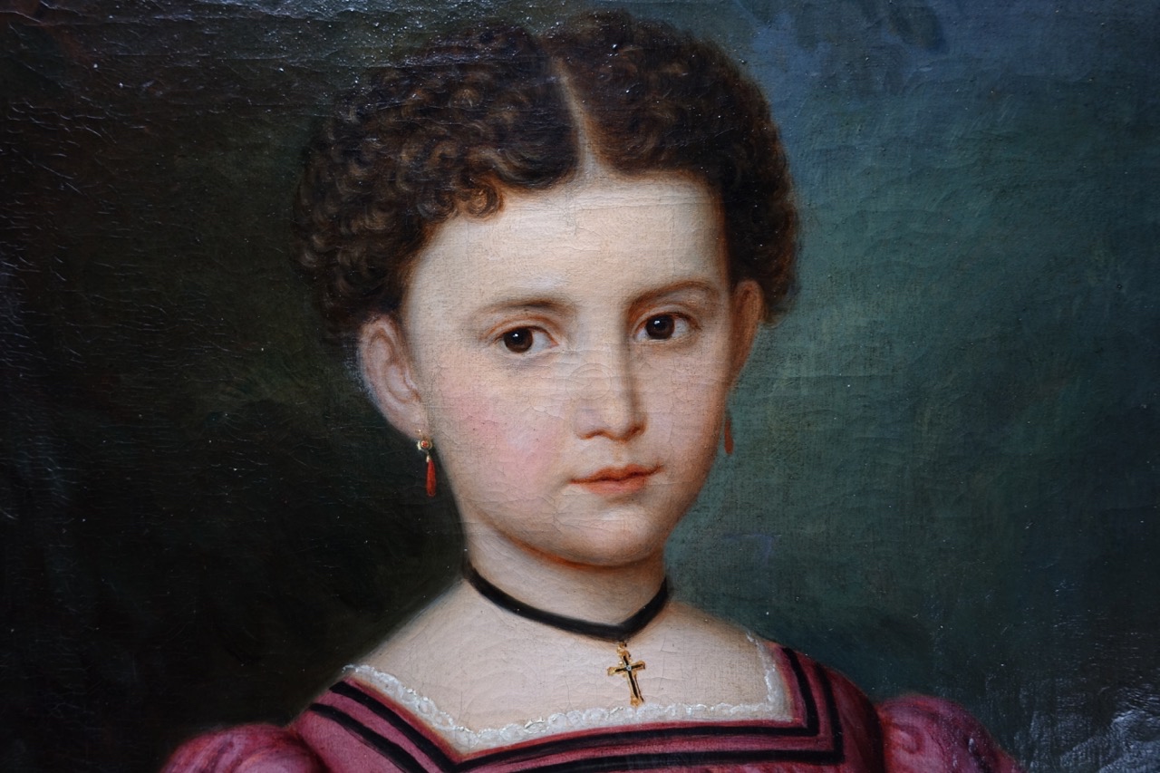 Ölgemälde Umkreis Friedrich Dürck (1809–1884): Mädchenporträt mit Strohhut, zugeschrieben, Biedermeier, 1845–1855