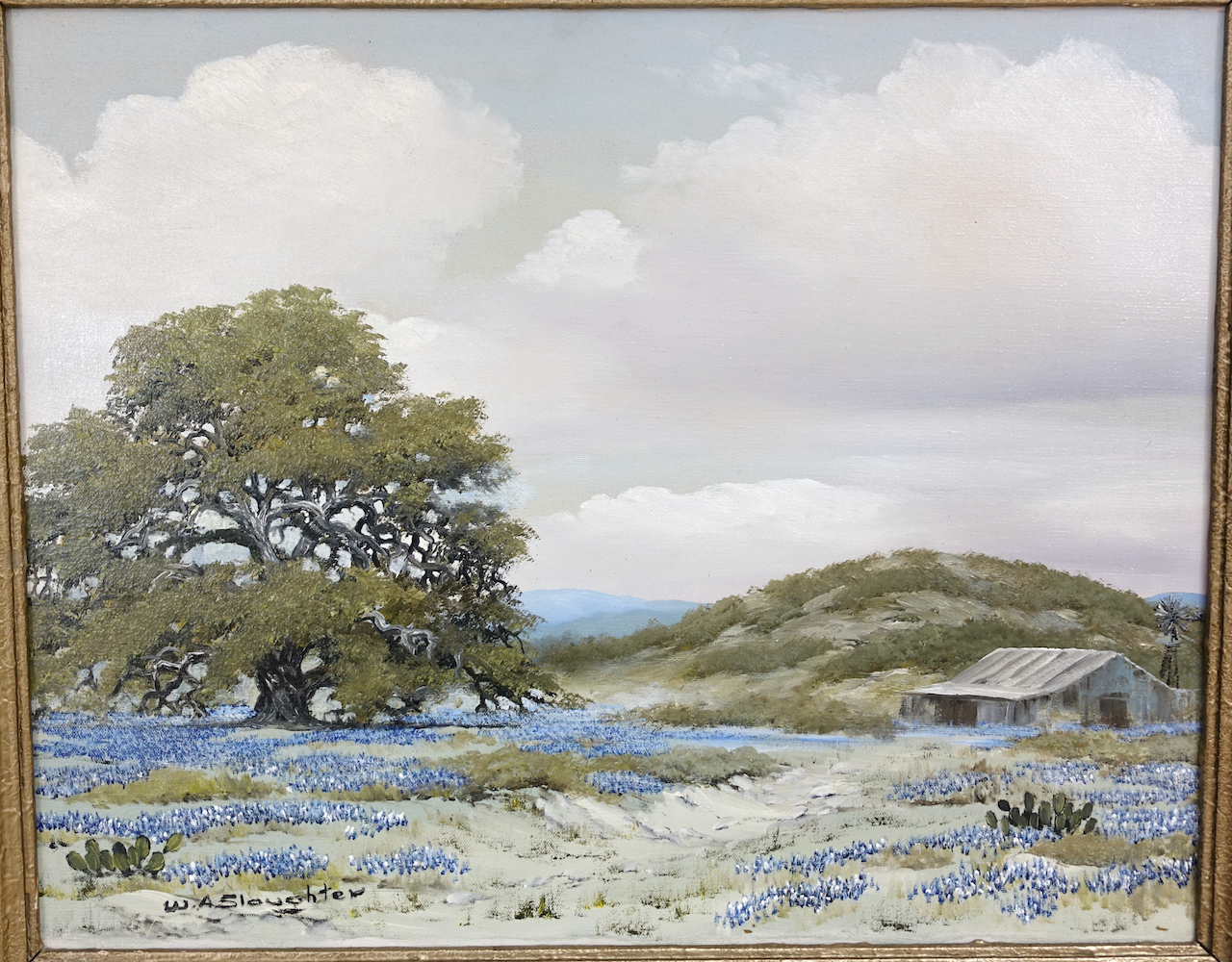 William A. Slaughter: Ölgemälde Bluebonnet Landscape with Windmill, signiert, 20. Jahrhundert