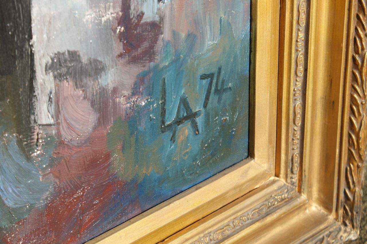 Ölgemälde Blumenstillleben mit gelben und roten Rosen, monogrammiert „LA", 1974