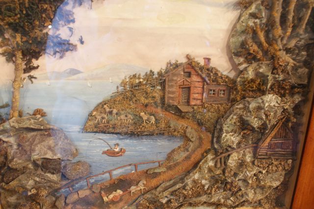 Biedermeier-Collage mit Fjordlandschaft, Papier und Naturmaterialien, Norddeutschland, um 1840