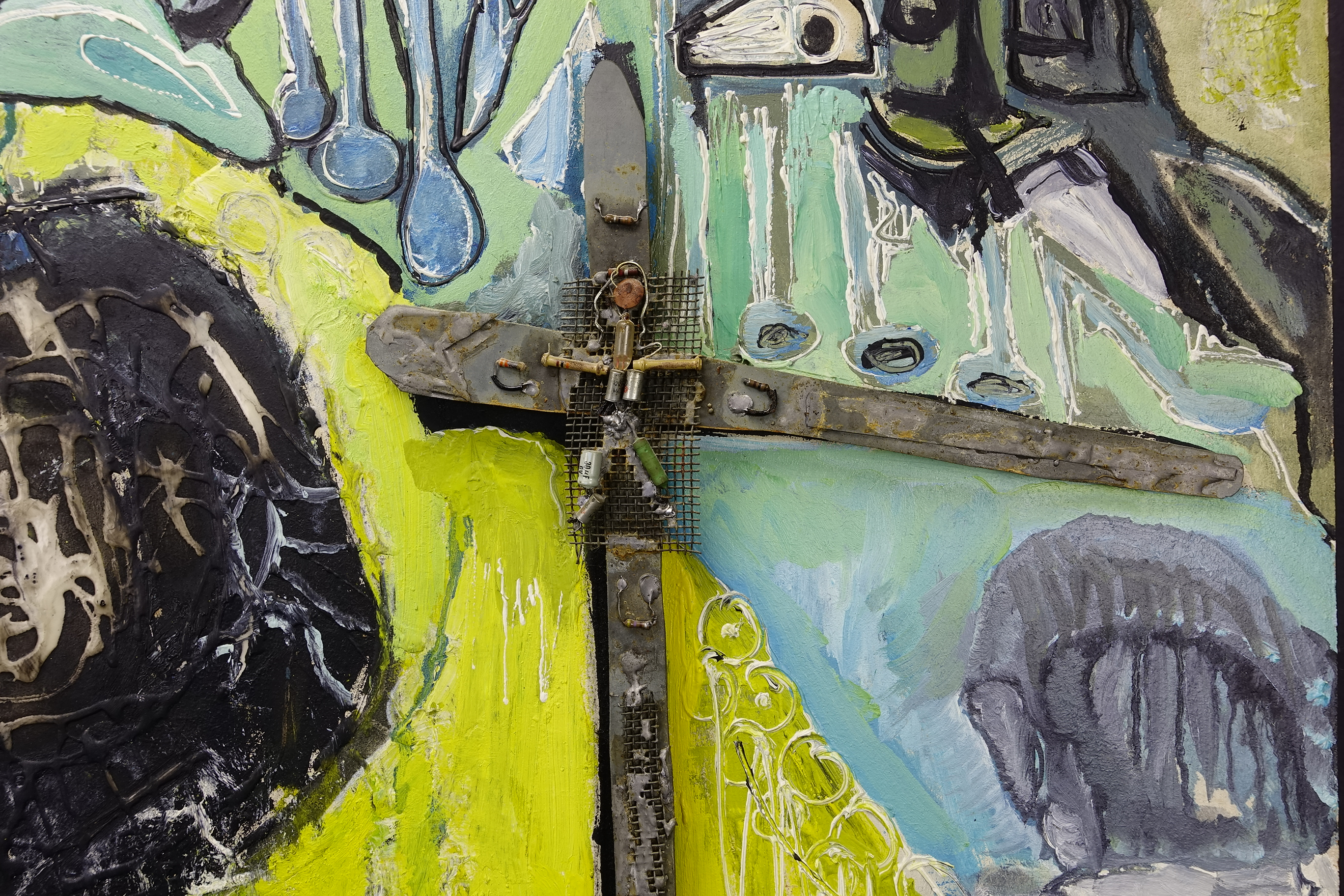 Sven Eilo: Mischtechnik Abstrakte Komposition mit Metallapplikationen, signiert, Abstrakt, 1973