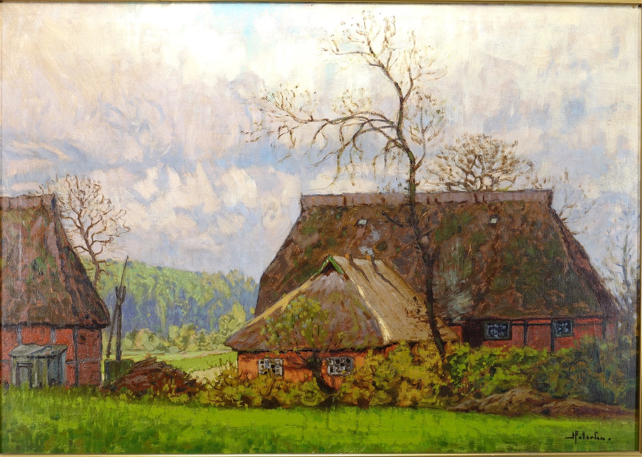 Heinrich Petersen: Ölgemälde Hofanlage am Wald, signiert, Impressionismus, erste Hälfte 20. Jahrhundert