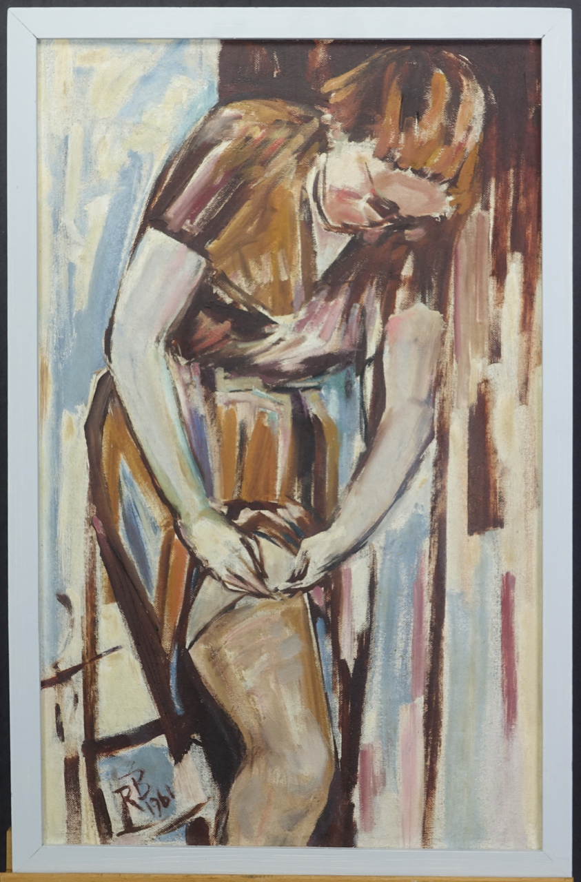Rudolf Behrend: Ölgemälde Frau beim Ankleiden, signiert datiert 1961