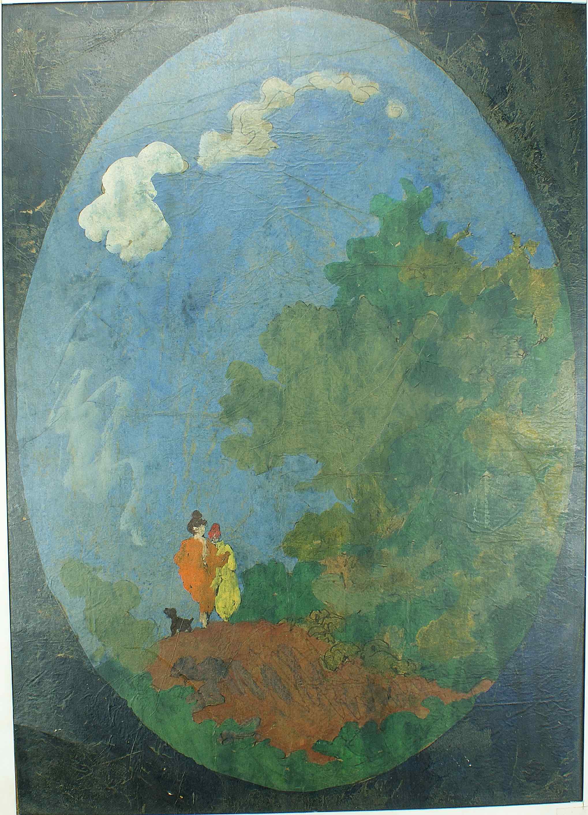 Clifford Wright: Gemälde Figurenpaar in ovaler Landschaft, Mischtechnik, 20. Jahrhundert