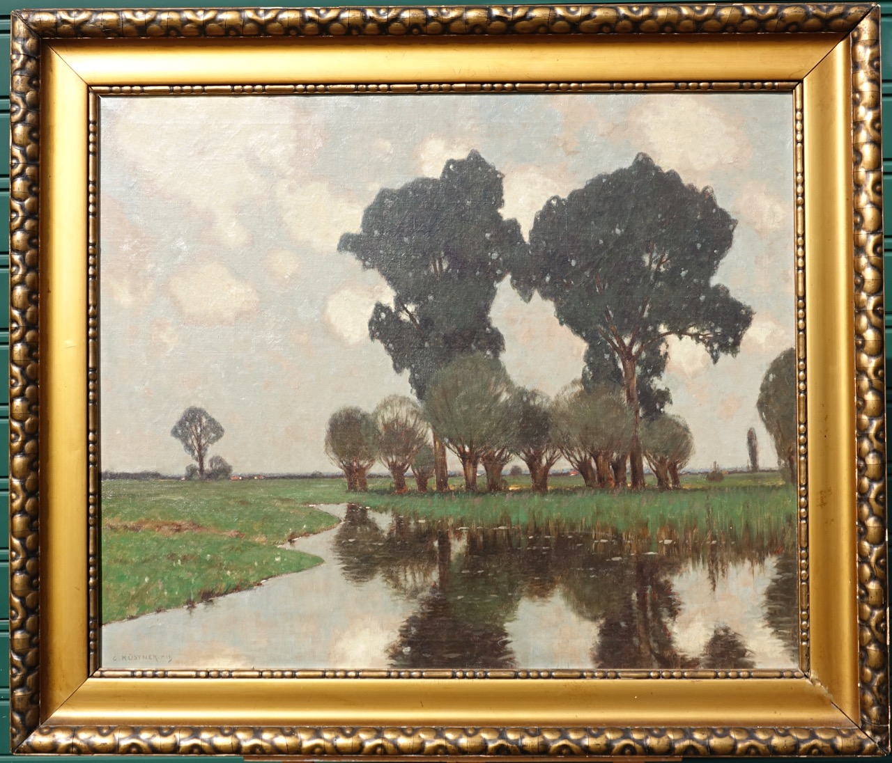 Carl Küstner: Ölgemälde Flusslandschaft mit Baumgruppe, signiert, zweite Hälfte 19. Jahrhundert