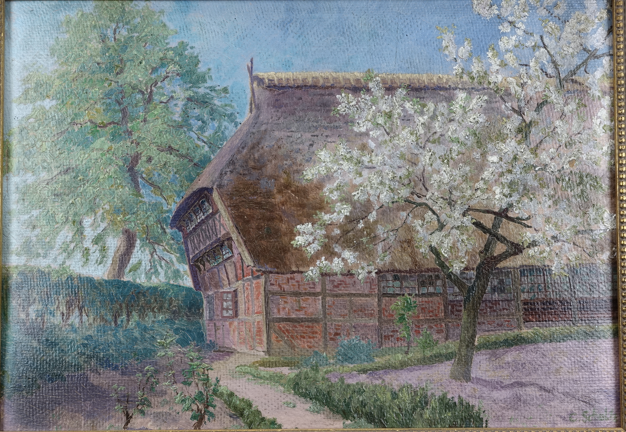 C. Schultz: Ölgemälde Reetscheune im Frühling, signiert, um 1900