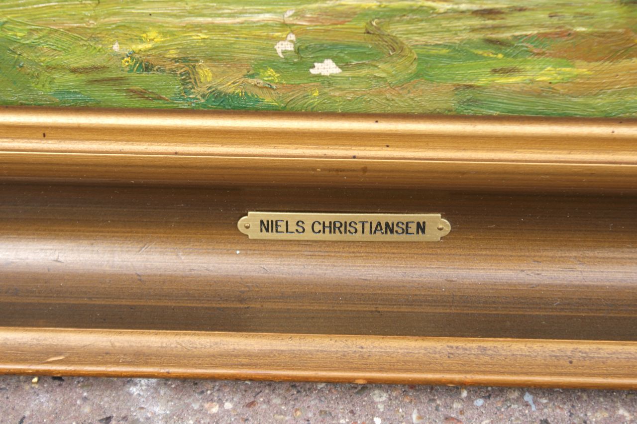 Niels Peter Christiansen: Ölgemälde Pferde und Kühe beim Weidegang, erste Hälfte 20. Jahrhundert