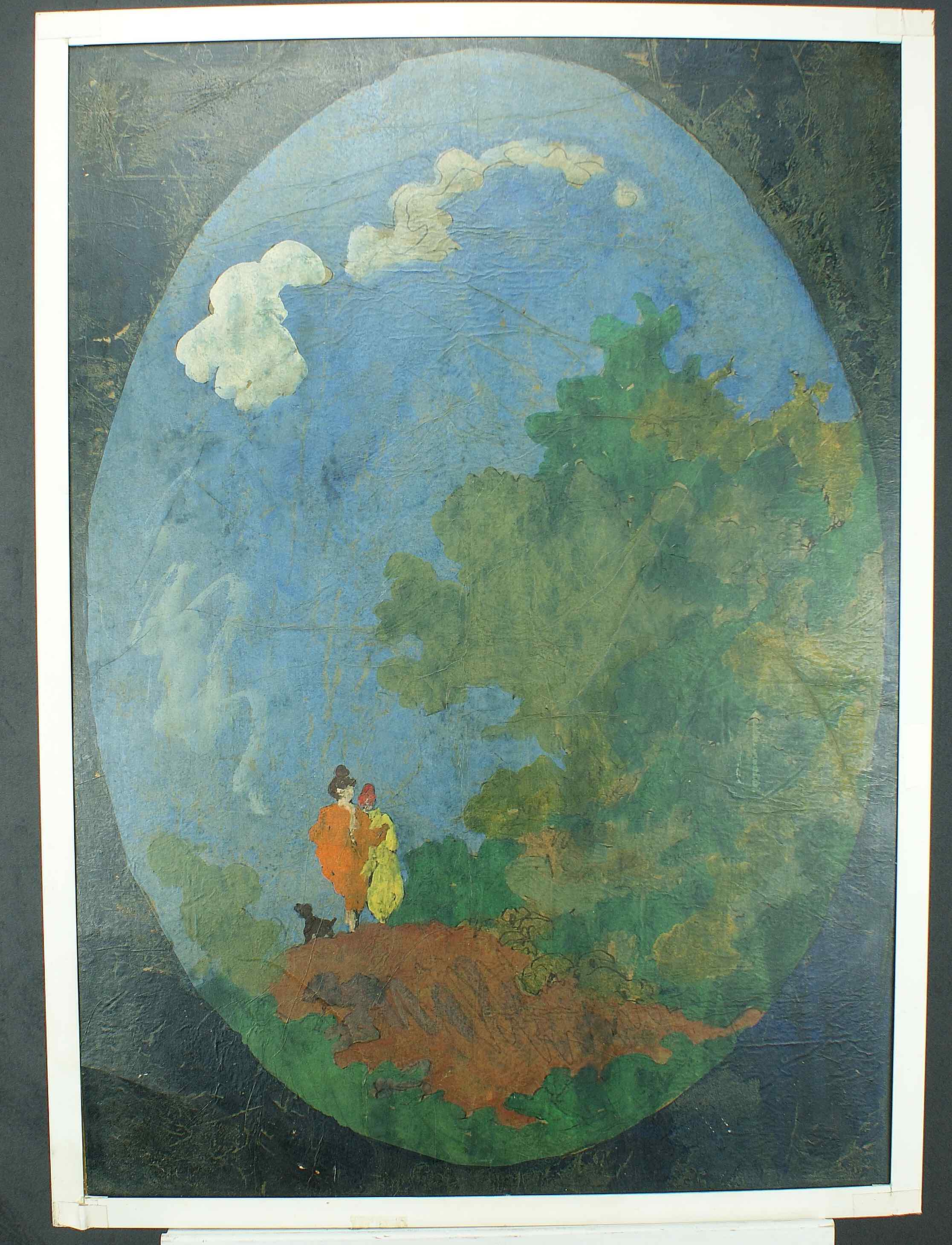 Clifford Wright: Gemälde Figurenpaar in ovaler Landschaft, Mischtechnik, 20. Jahrhundert