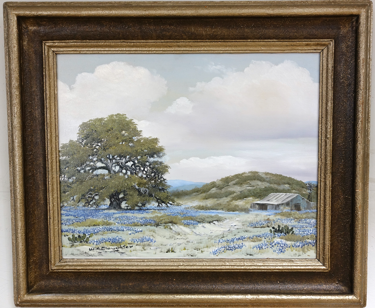 William A. Slaughter: Ölgemälde Bluebonnet Landscape with Windmill, signiert, 20. Jahrhundert