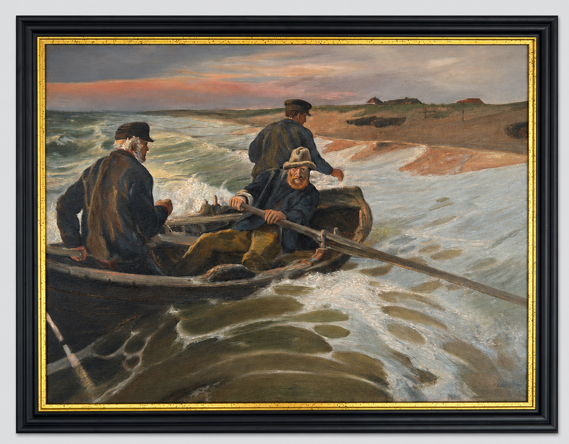 Ölgemälde von Ludwig Dettmann (1865–1944), datiert 1912-Schwere Landung (Fischer in der Brandung / Heimkehr der Fischer)-