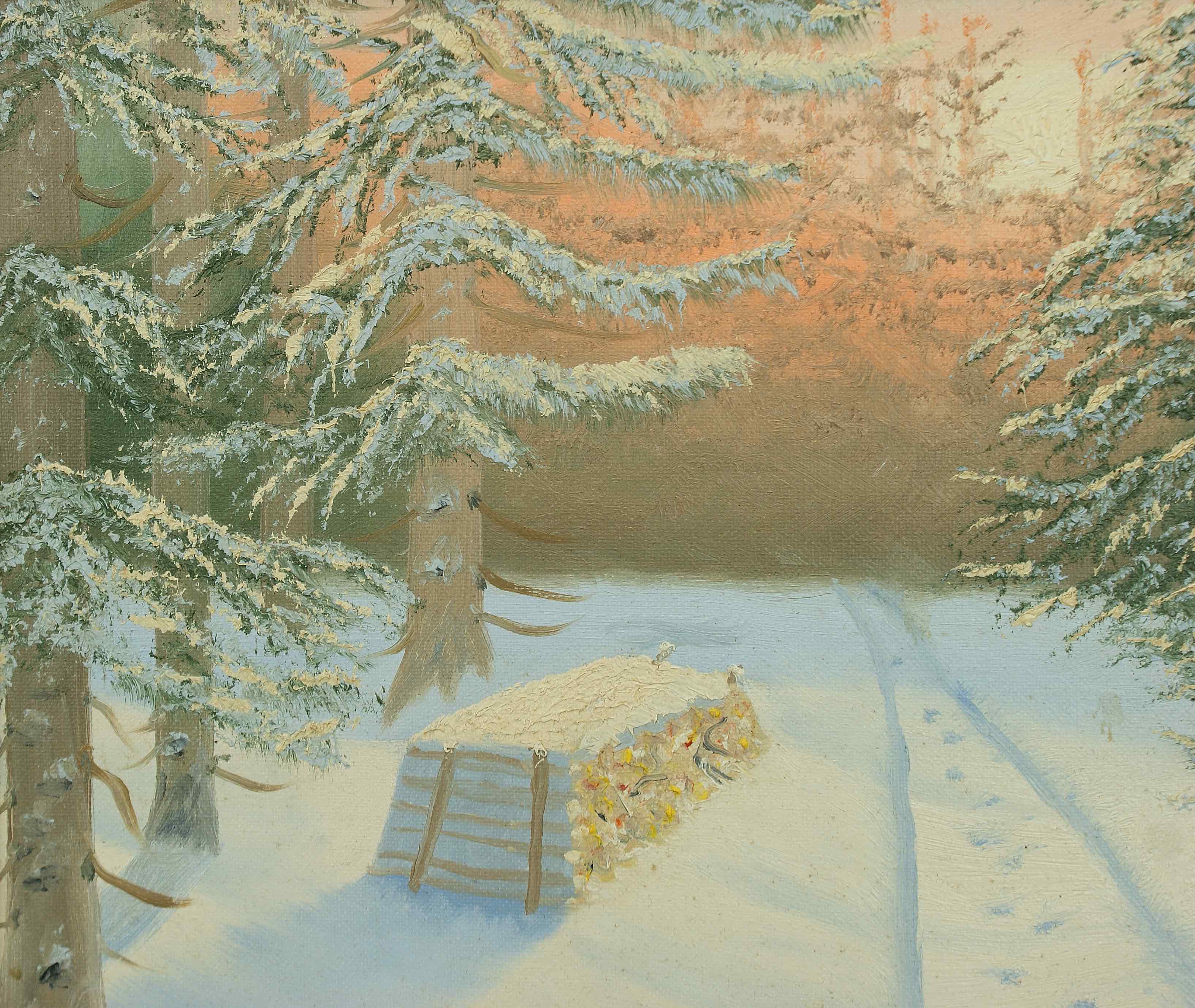 G. Jøns: Ölgemälde Waldweg im Schnee, signiert, um 1920