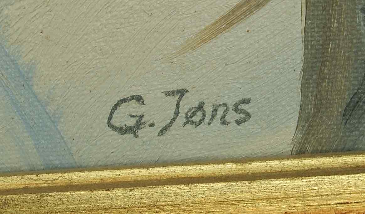 G. Jøns: Ölgemälde Waldweg im Schnee, signiert, um 1920