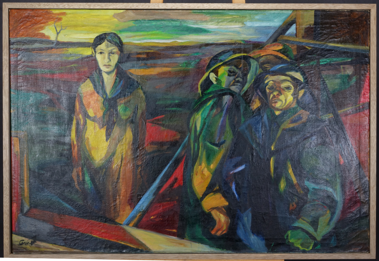 Hannes Gruber: Ölgemälde Drei Figuren in expressiver Landschaft, signiert, Zweite Hälfte 20. Jahrhundert