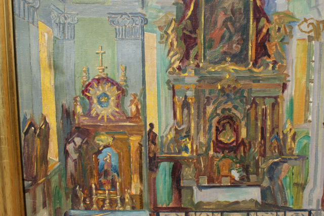 Gustav Wustman: Ölgemälde Barocker Kirchenraum mit Hochaltar, signiert datiert, 1920er Jahre